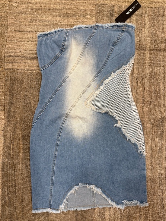 Fashion Nova Dresses & Skirts - NWT Fashion Nova Light Blue Strapless Distressed Denim & Mesh Mini Dress